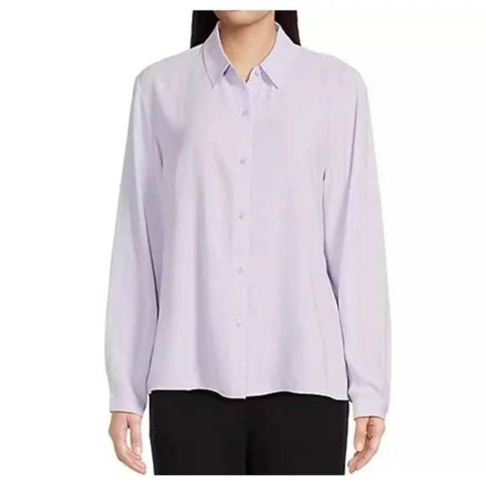 Eileen Fisher Petite Silk Button‎ Down Shirt Long Sleeve Top PM Minimalist $278